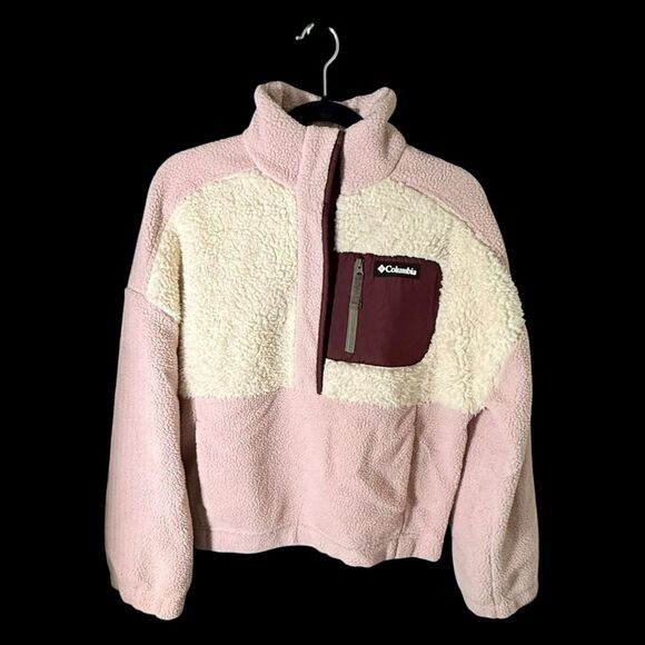 Columbia Women’s Pink & Cream Sherpa Fleece Snap Button Pullover Front Pocket - Picture 1 of 16
